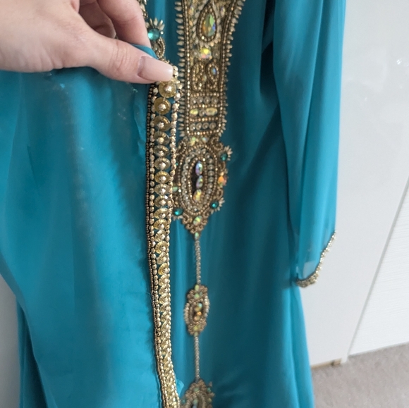 Arabian Party Dress Middle Eastern Blue Teal Turquoise Caftan Embellished beaded - Picture 4 of 12